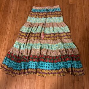 Zara Boho Tiered Maxi Skirt in Turquoise & Red XS